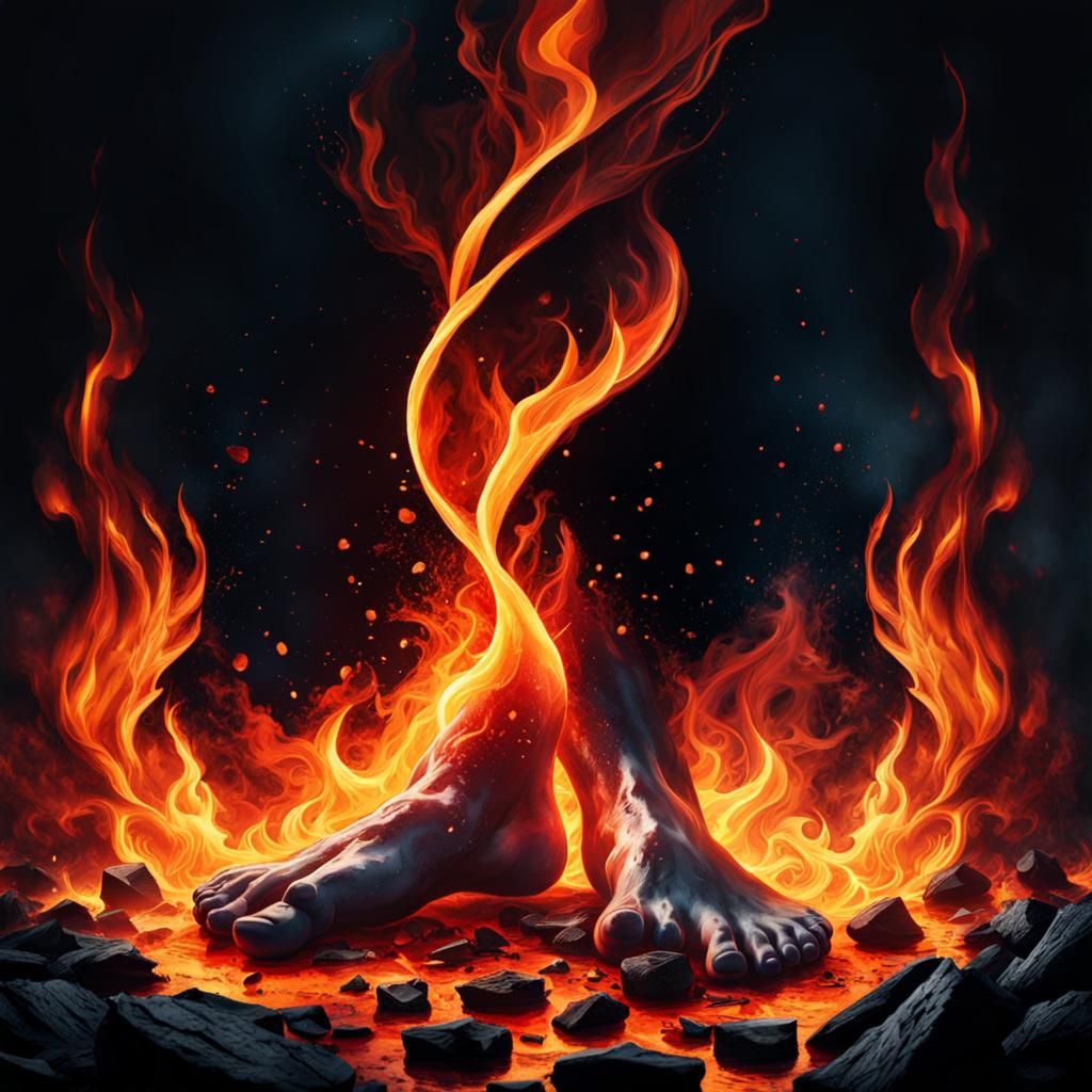 Dramatic Fire Walk Ritual in Watercolor Style