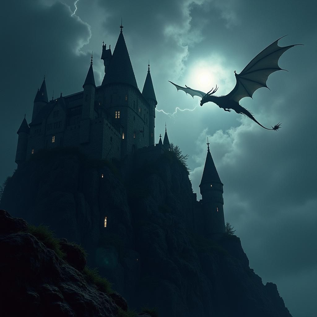 Foreboding Gothic Castle with Dragon in Dark Landscape
