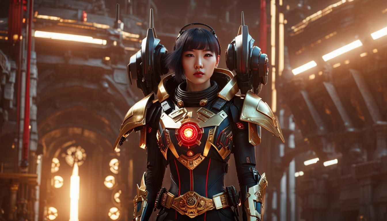 Korean Idol in Cyberpunk Armor with Saintly Halo