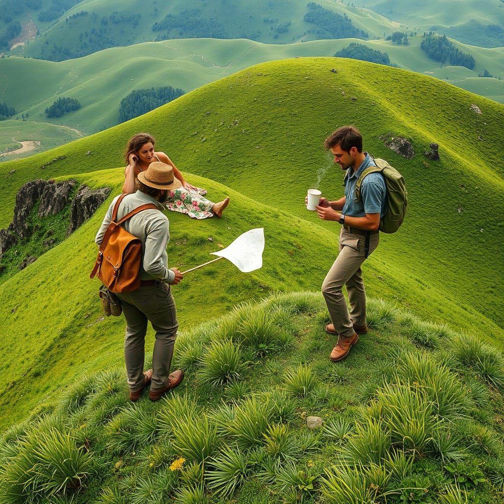 Poet Meets Hikers on Lush Green Hillside