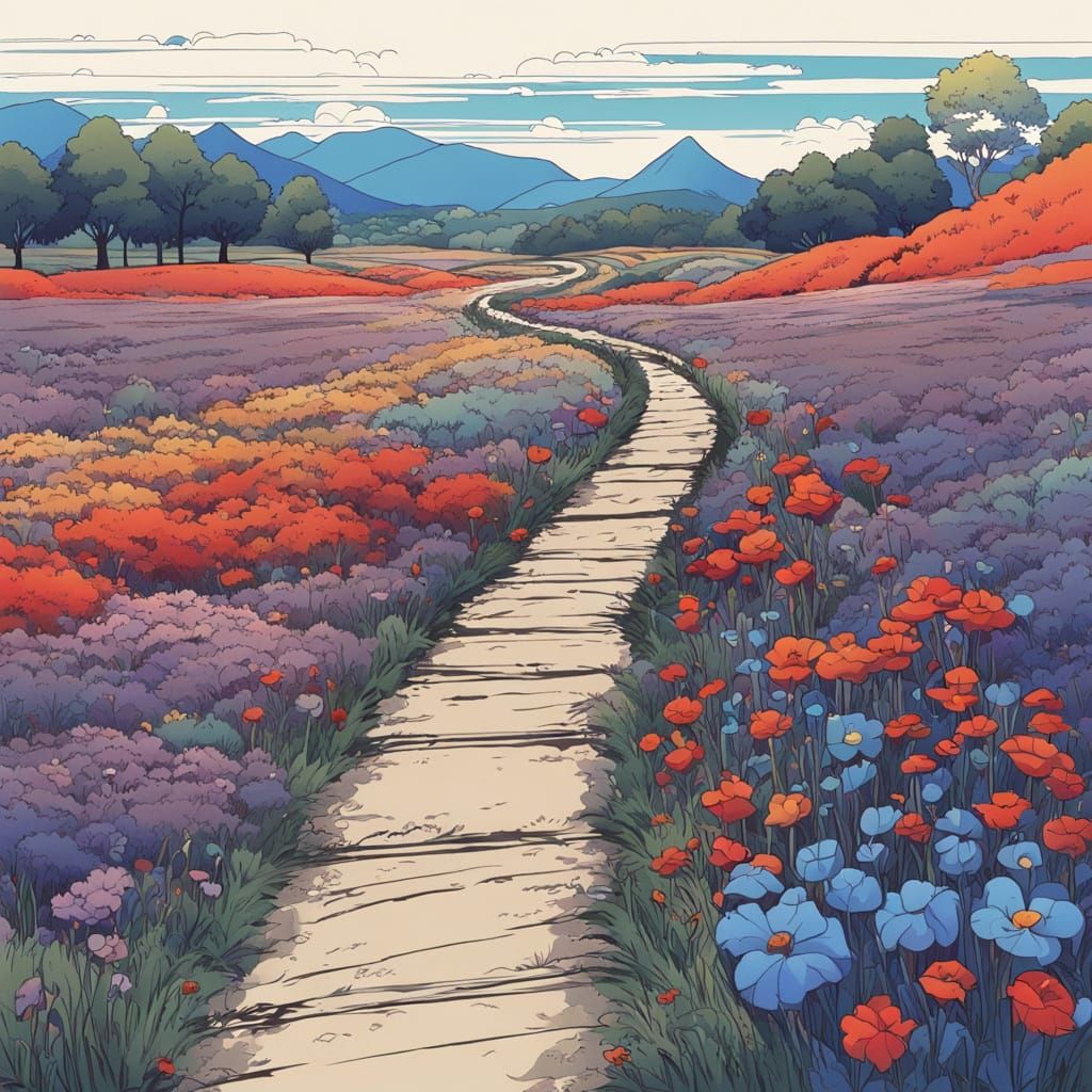 Colorful Flower Field in Japanese Woodblock Print Style