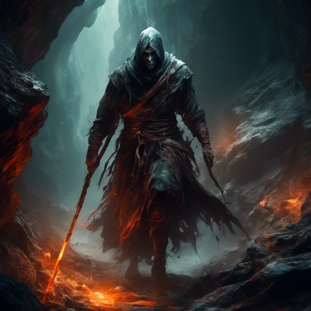 Drow Monk Emerges from Cave with Quarterstaff