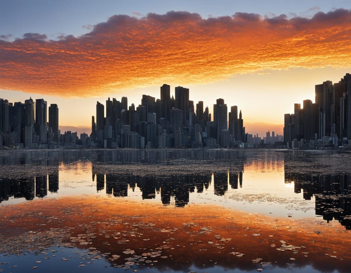Ancient Metropolis Reflected in Sunset Serenity