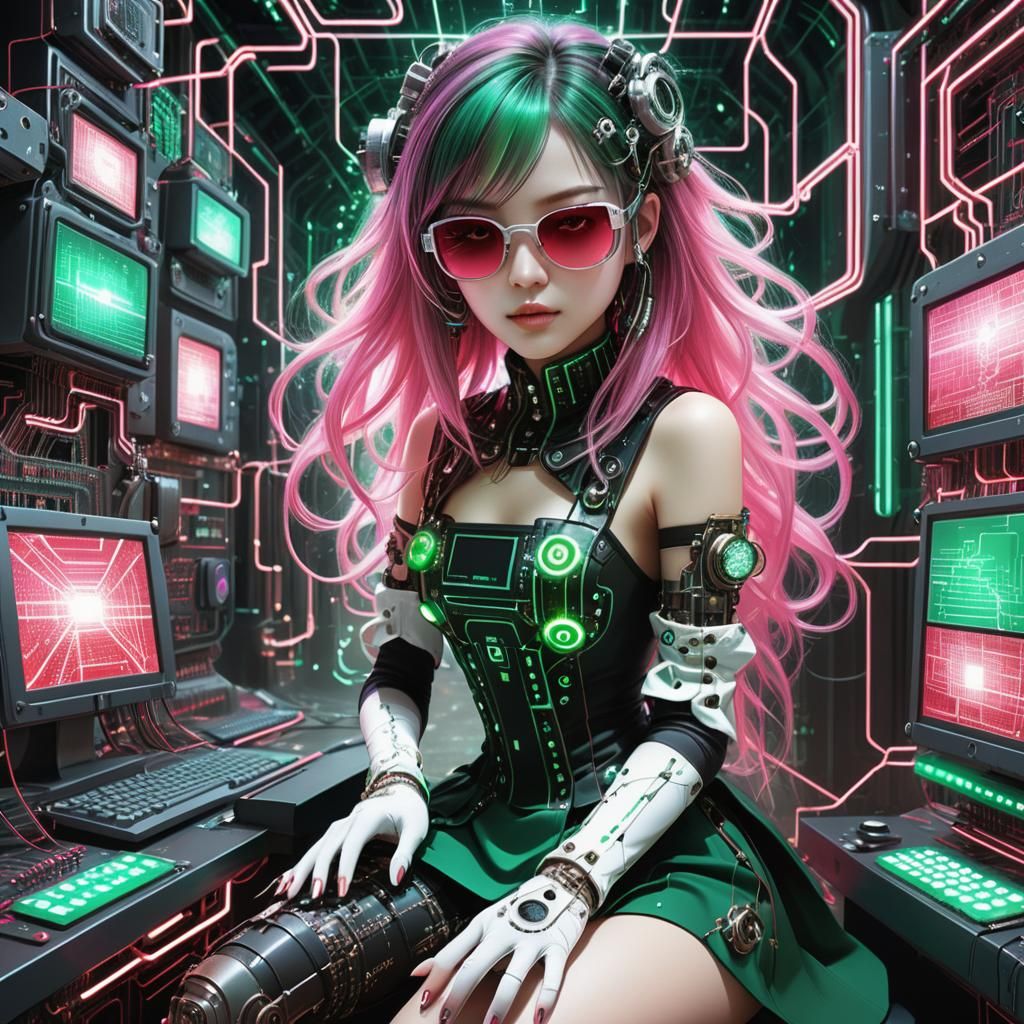 Cyberpunk Girl in Data Stream Landscape