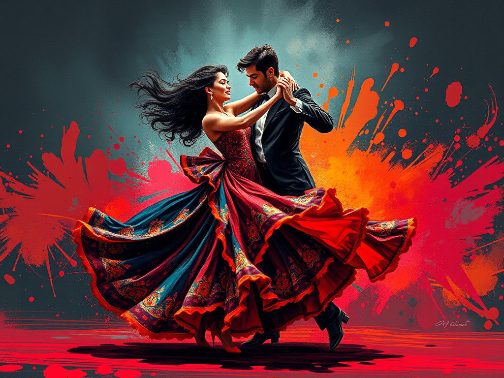 Flamenco Dance Couple in Motion, Maximalist Digital Art