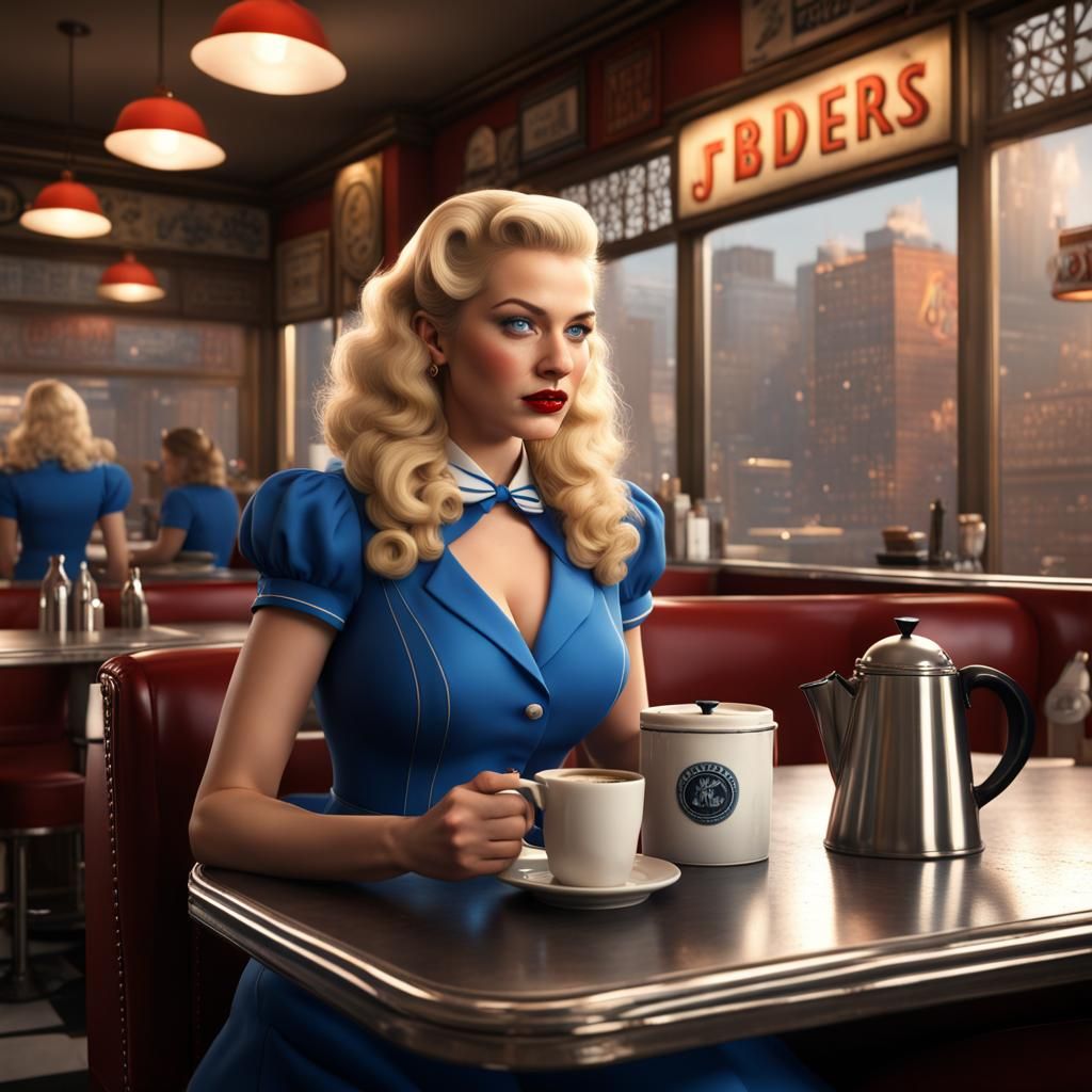 1940s Blonde Waitress in New York Diner