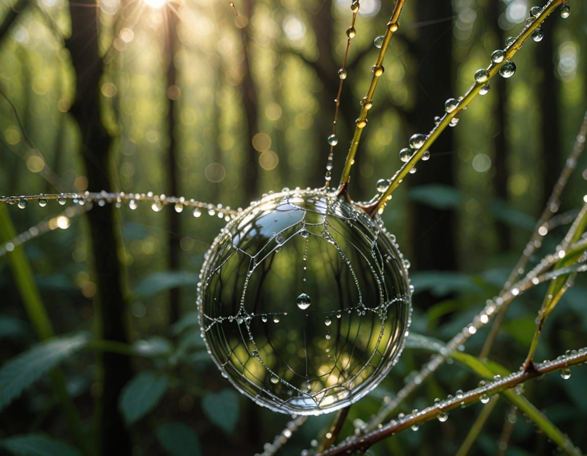 Dewdrop Reflecting Forest: Hyperrealistic Macro Photography