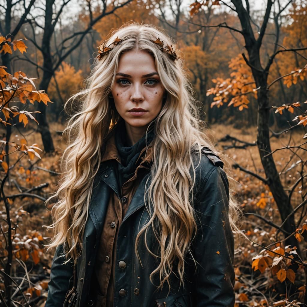 Lovecraftian Girl in Apocalyptic Autumn Landscape