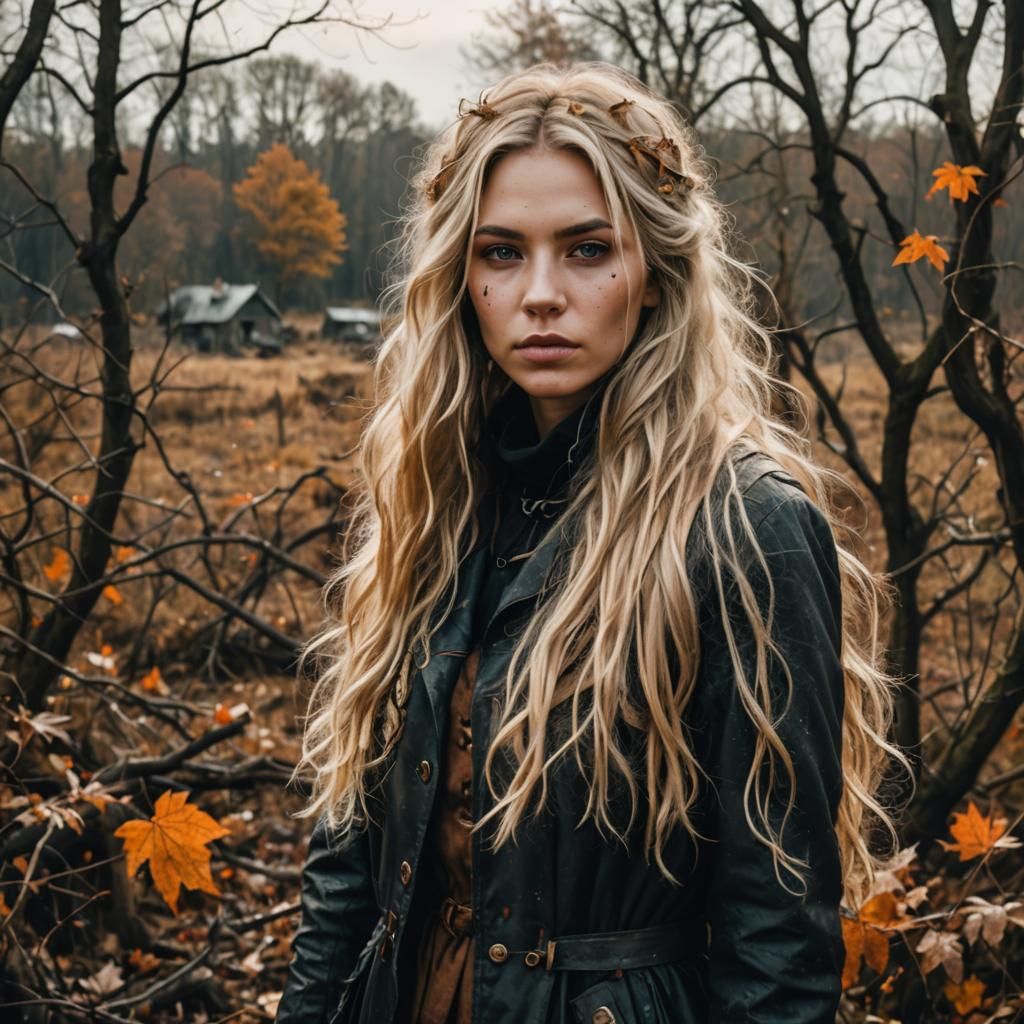 Lovecraftian Girl in Apocalyptic Autumn Countryside