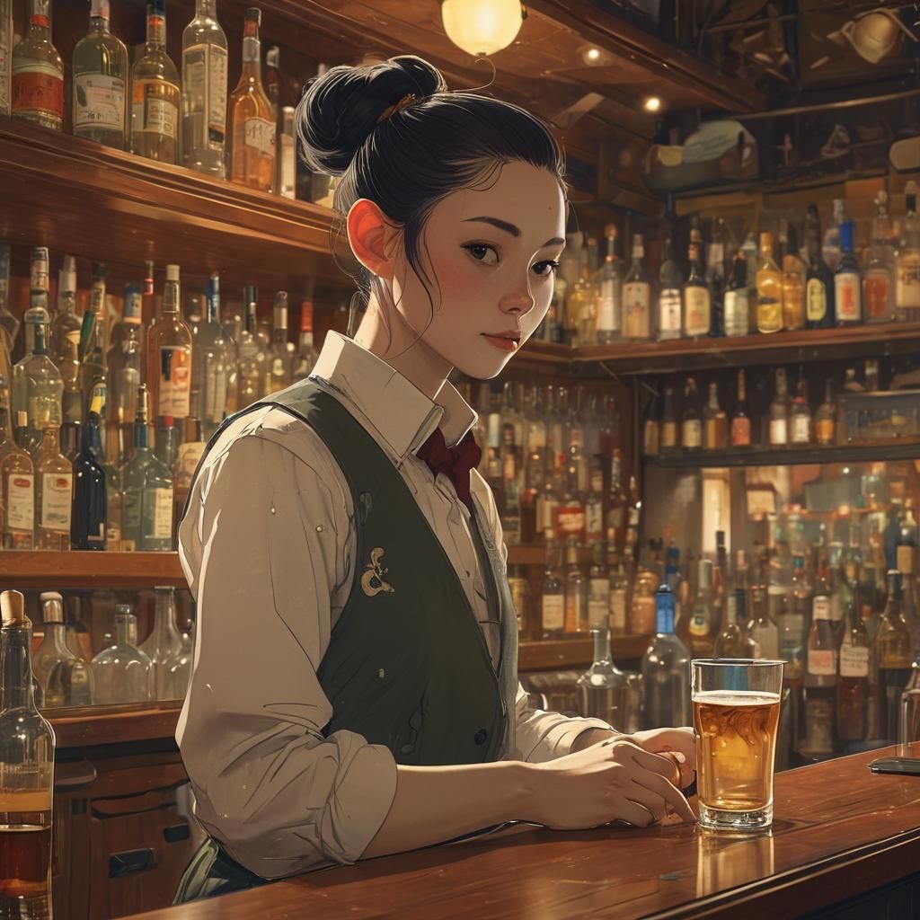 Alien Bartender in Pub: Digital Manga Illustration