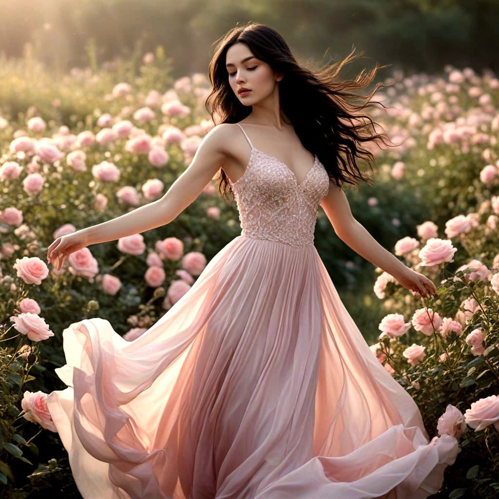 Black-Haired Woman Dancing in Rose Field: Dreamlike Fantasy