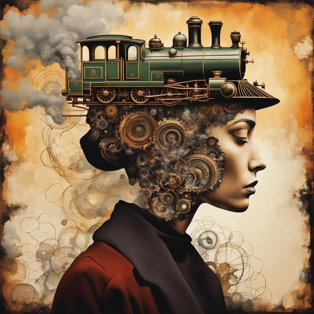 Surreal Portrait: Woman with Steam Train Mind