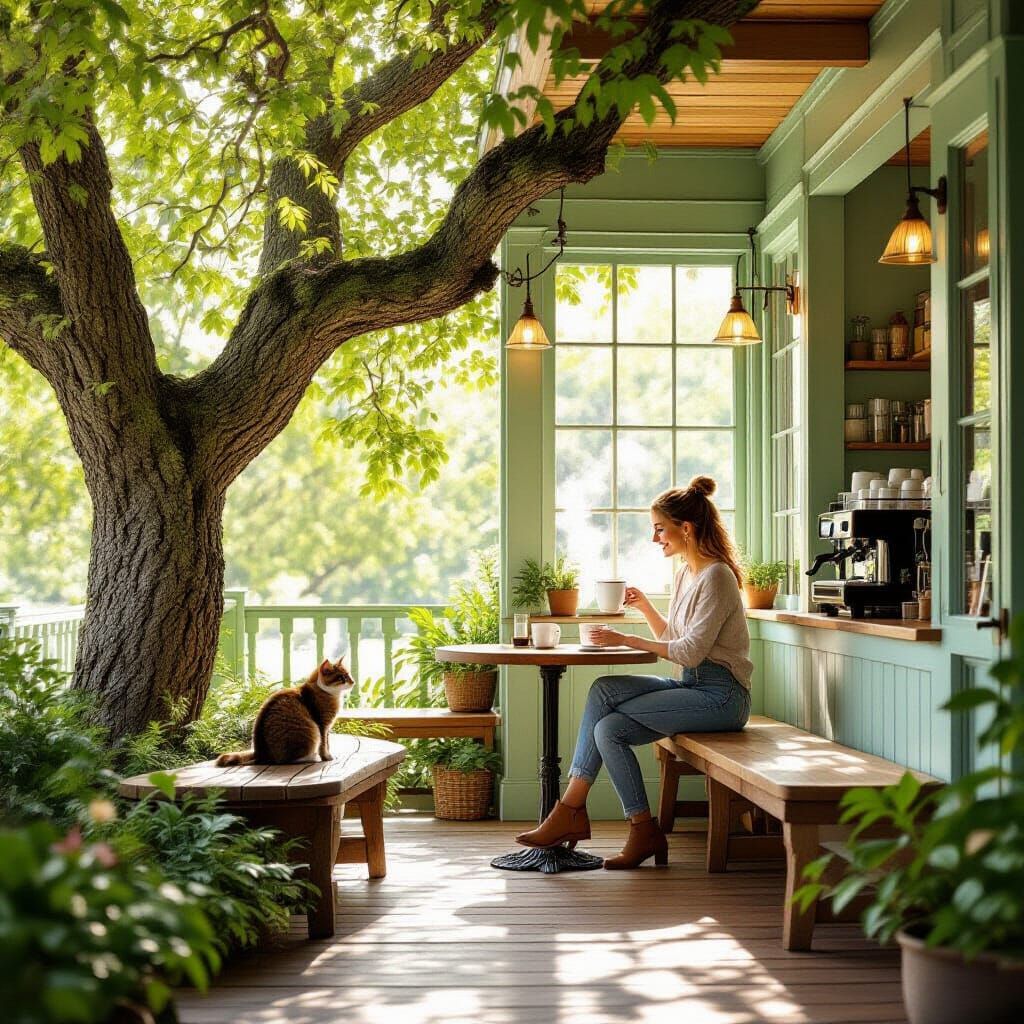 Pastel Cafe in Mossy Oak Tree with Barista and Cat