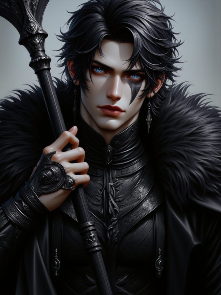 Brooding Warrior with Demonic Spear in Anime Style