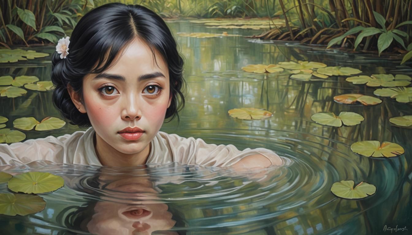 Asian Woman in Forest Pool: Naive Oil Painting