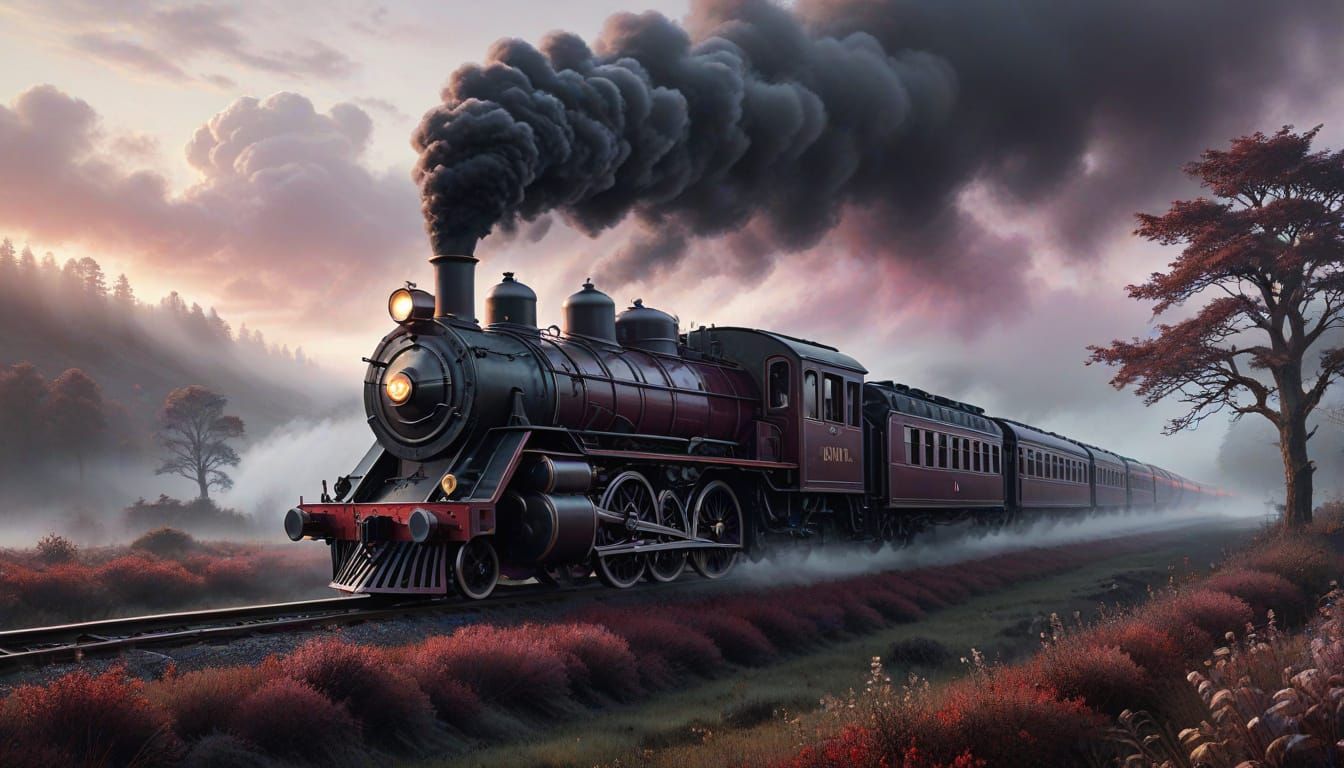 Surrealist Steam Train Chugs Through Foggy Landscape