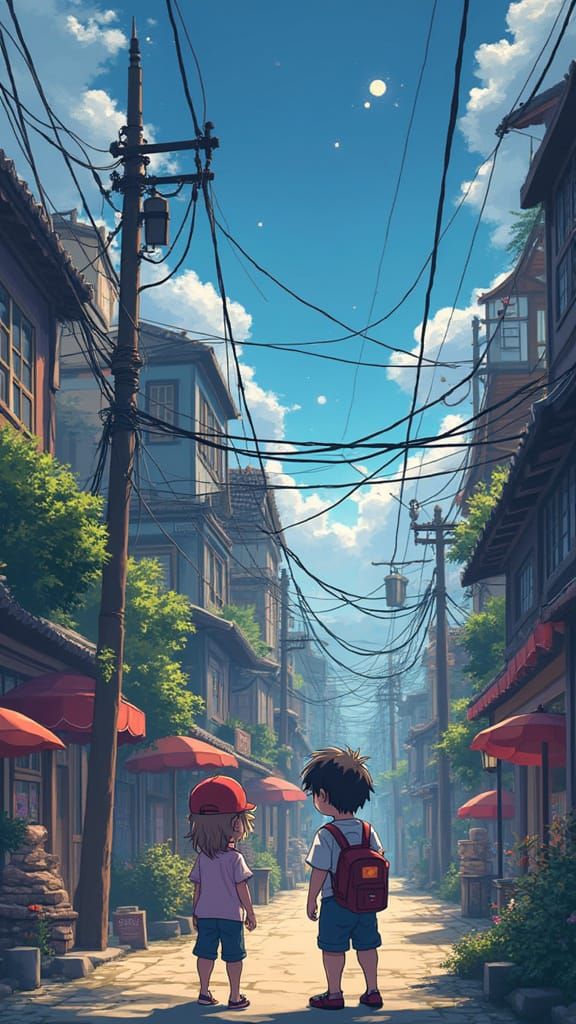 Retro Anime Town Scene in Pixel Art