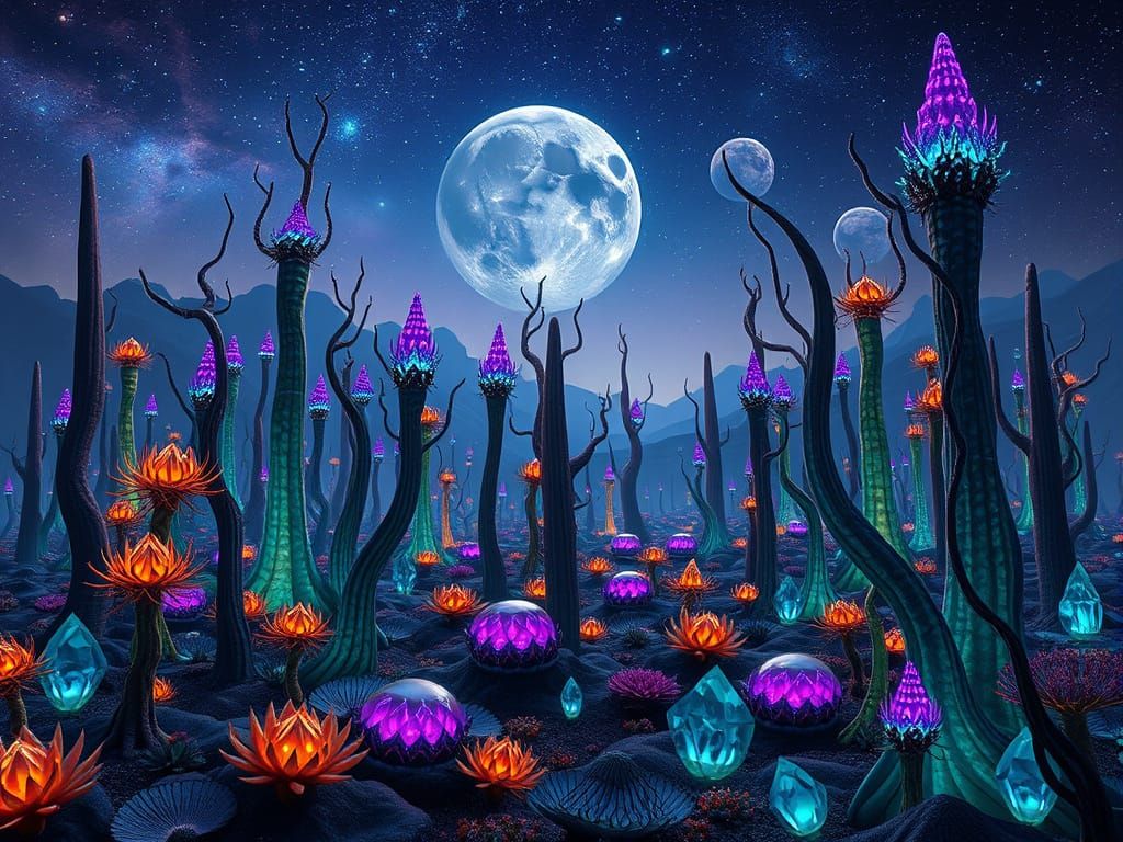 Surreal Alien World with Bioluminescent Giants and Twisted T...