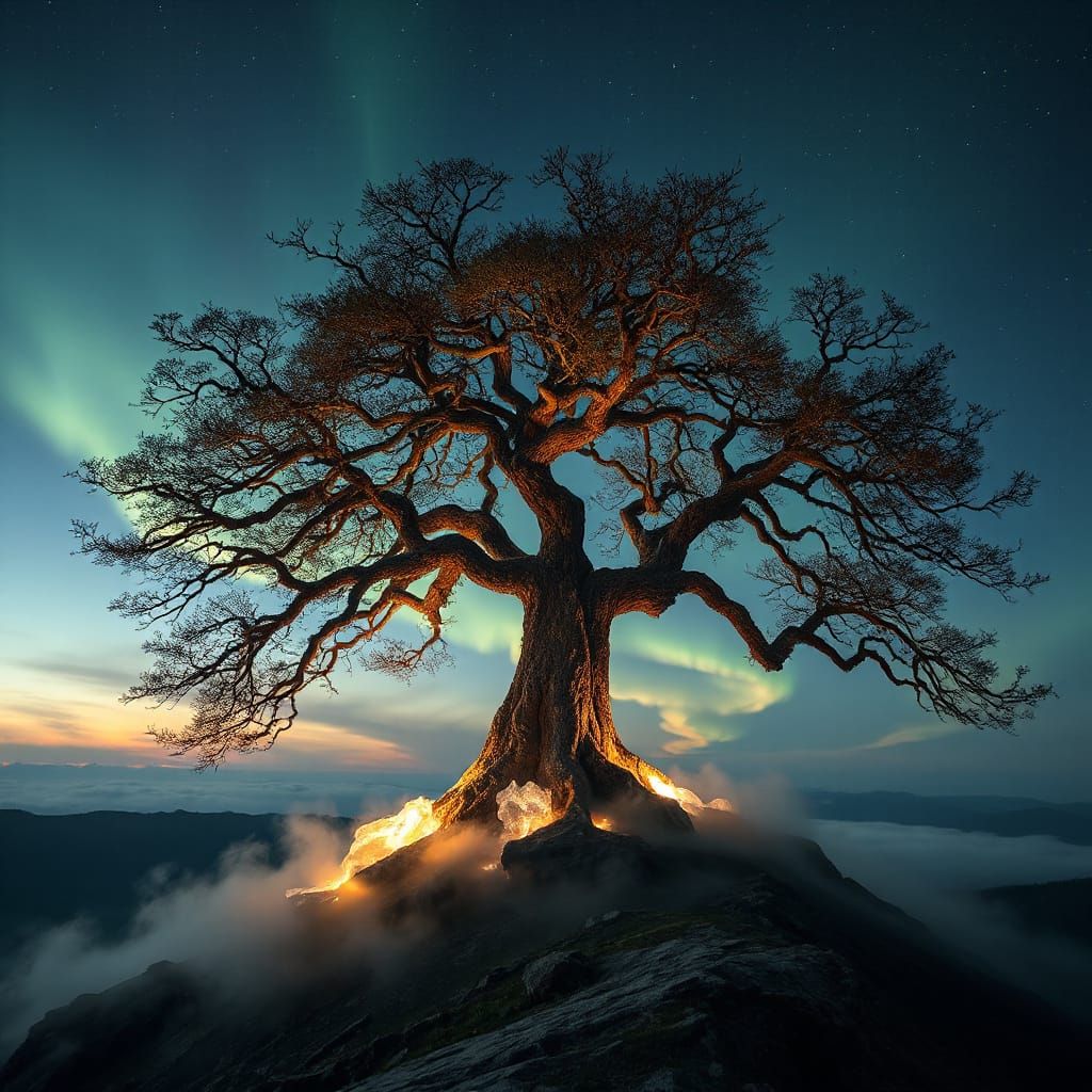Ancient Tree with Crystal Roots Under Aurora Sky