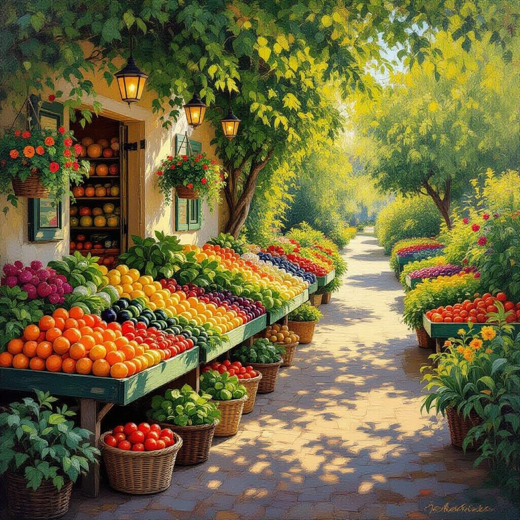 Vibrant Farmstand in Impressionist Style