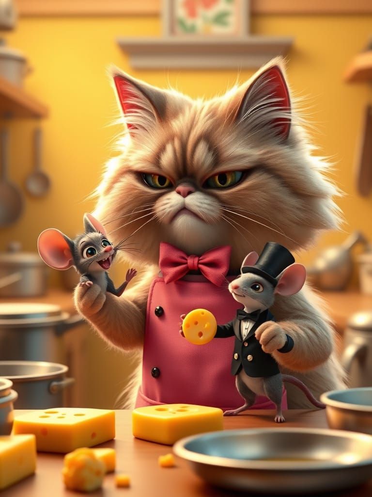 Whimsical Feline Chaos in a Vibrant Kitchen