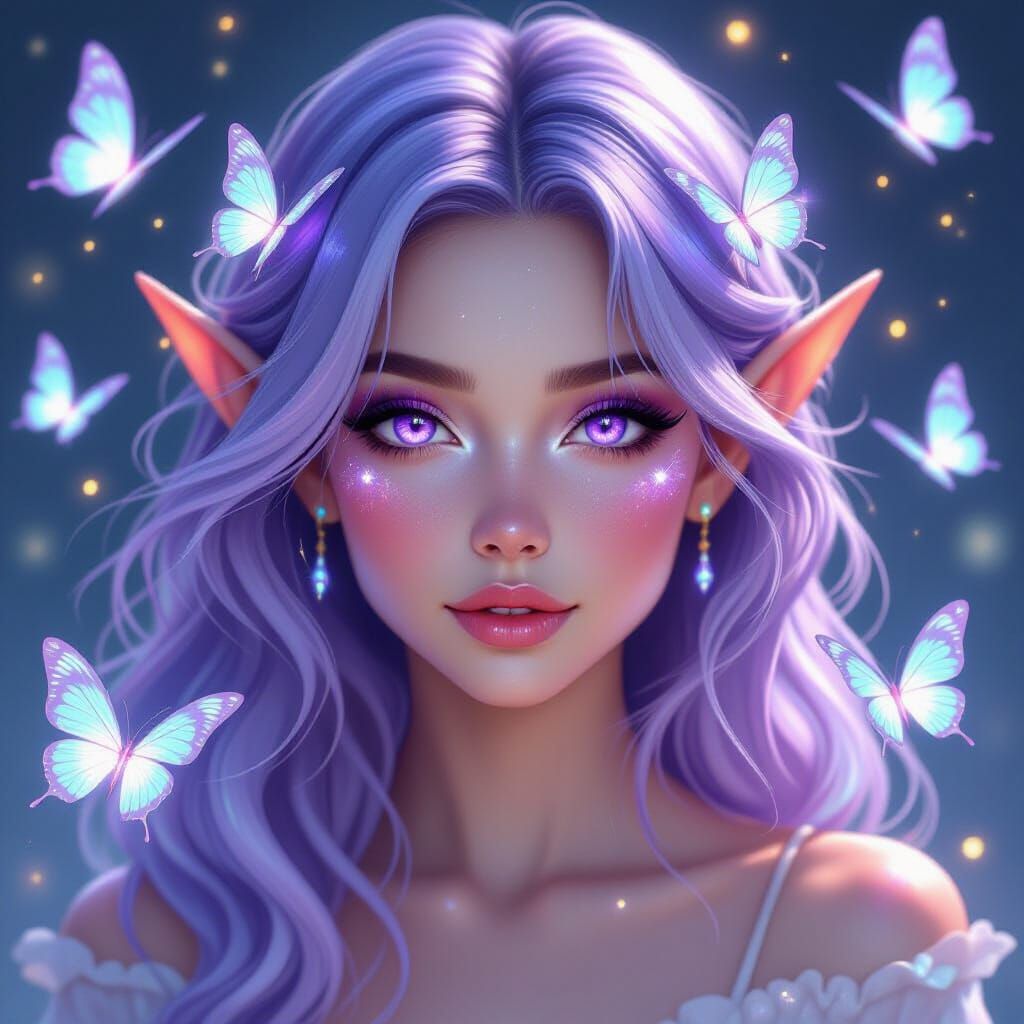 Ethereal Fairy Woman Portrait with Holographic Butterflies