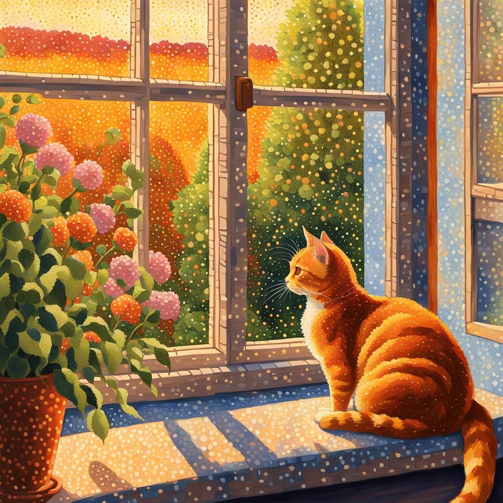 Ginger Cat in Garden: Pointillist Painting