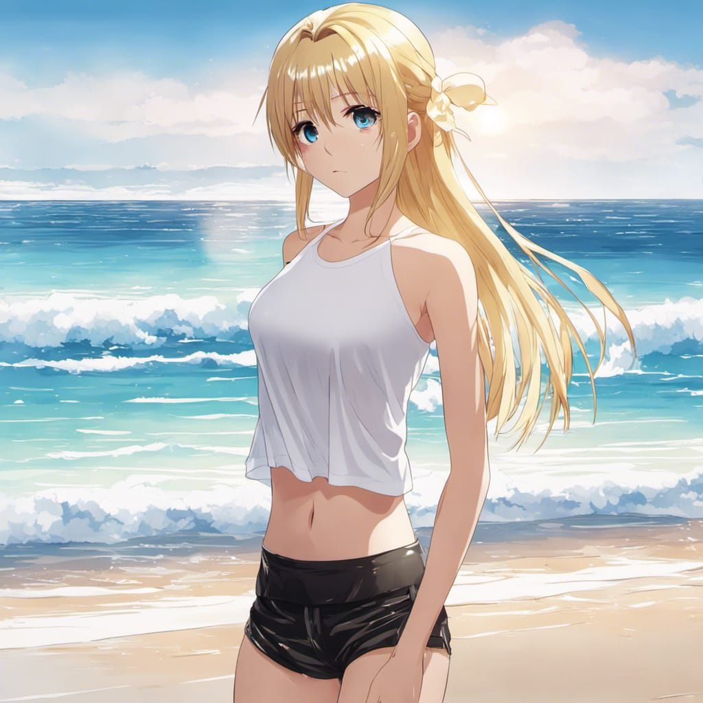 Anime Girl with Blonde Hair on the Beach