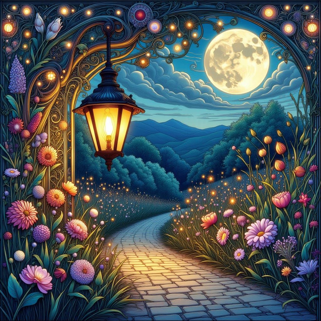 Art Nouveau Lantern Glow on Cobblestone Path with Wildflower...