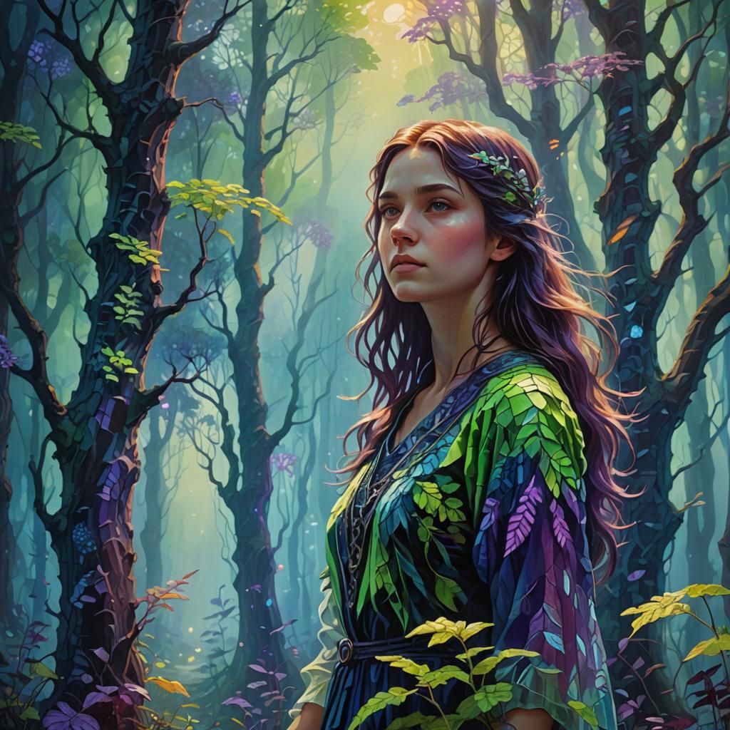 Woman in a Glowing, Misty Forest: Surreal Art