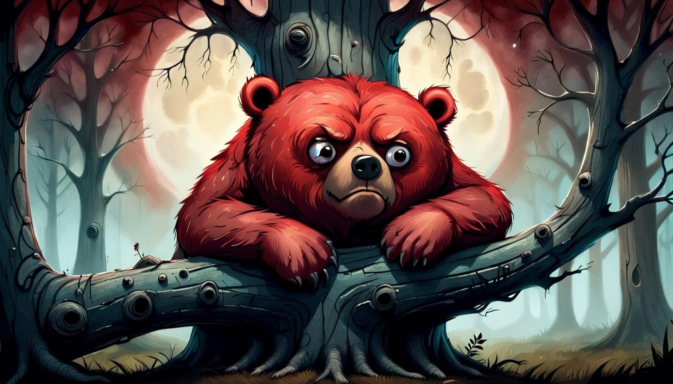 Surreal Storybook Bear Awakens, Frown Deepened in a Dark Woo...