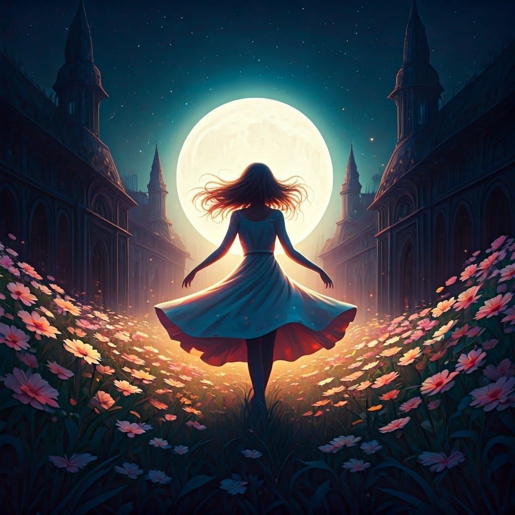 Ethereal Dancer Under Moonlight in Dreamscape