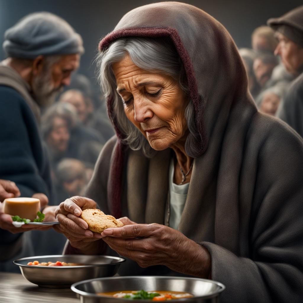 Homeless Woman Receives Communion: Photorealistic 8K