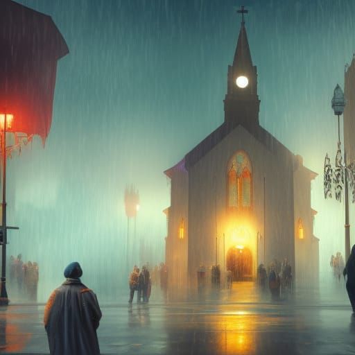 Striking Crowd Outside Church in Heavy Rain