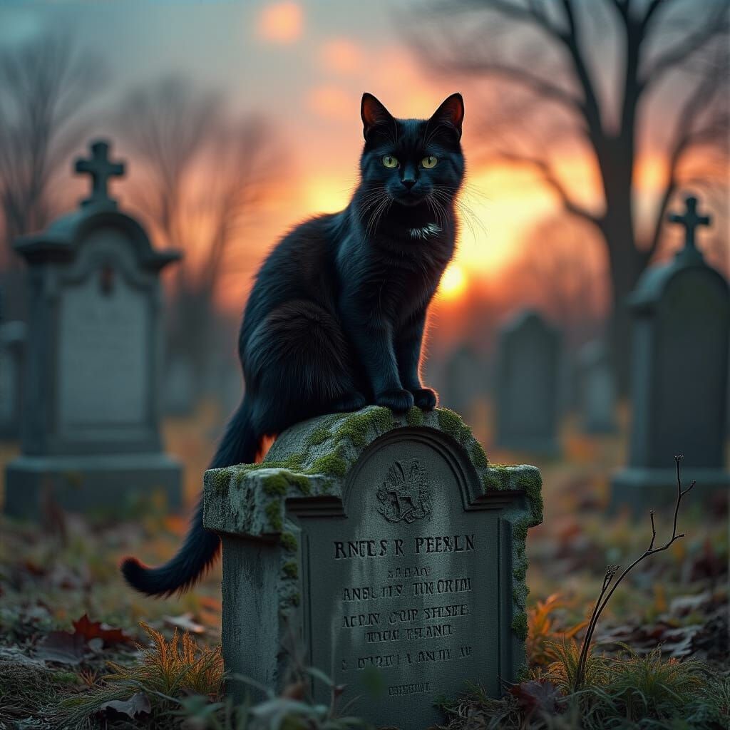 Black Cat in Graveyard, Hyperrealistic Splash Art