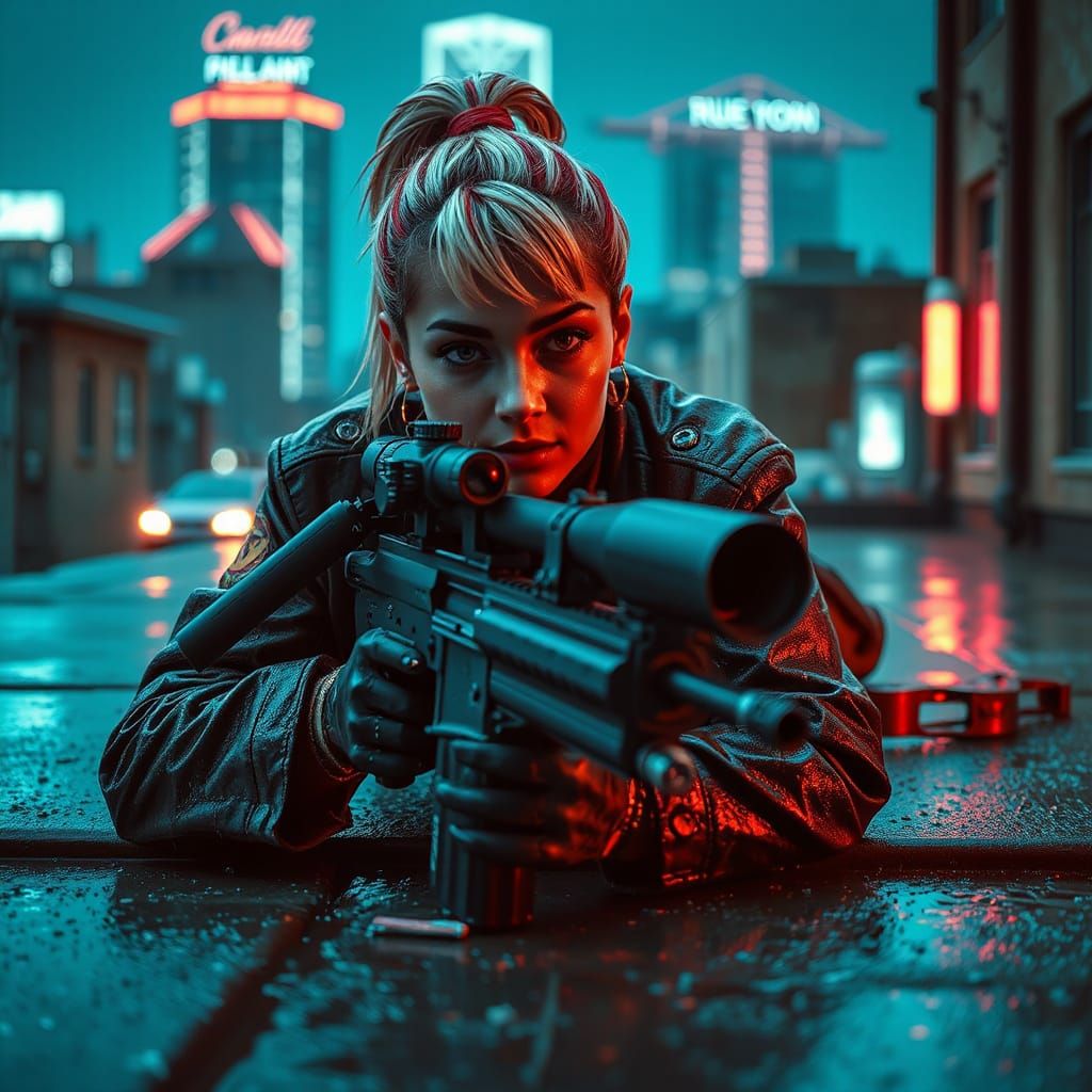 Cyberpunk Female Warrior Aims Sniper Rifle on Rainy Rooftop