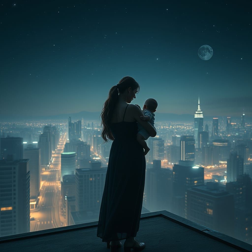 Celestial Urban Fantasy: Woman and Baby on Rooftop