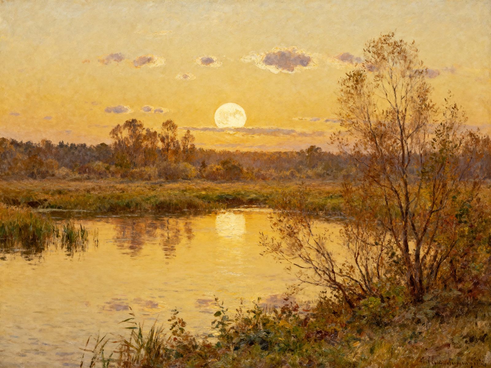 Golden Hour Marshland Serenity with Moon
