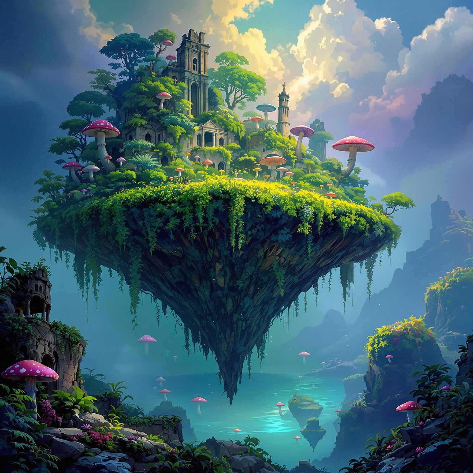 Floating Jungle Island Above Misty Ocean with Ancient Ruins