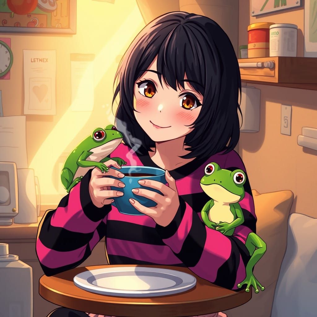 Whimsical Emo Girl Sips Coffee in Cozy Studio Setting