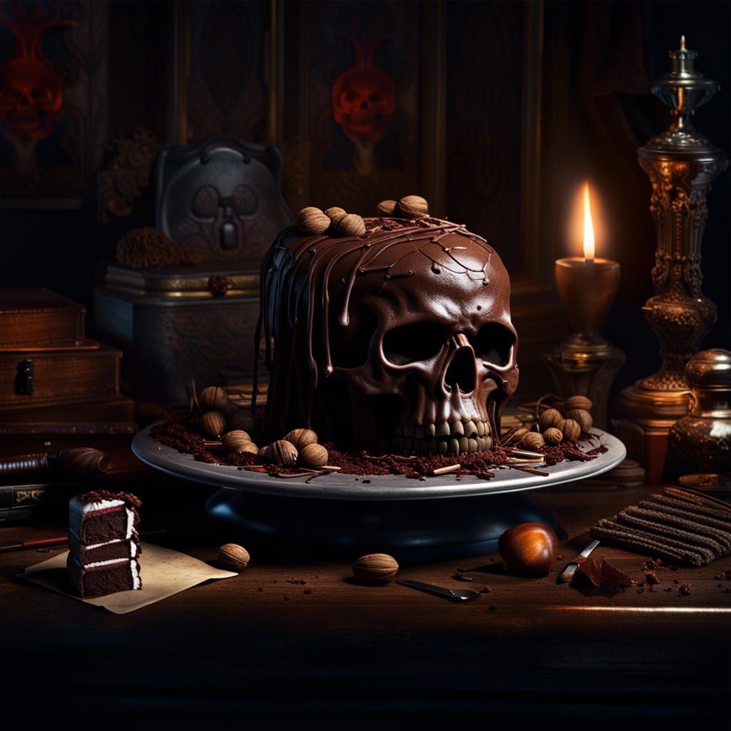 Sinister Chocolate Cake on Poe's Desk in Hyperrealism