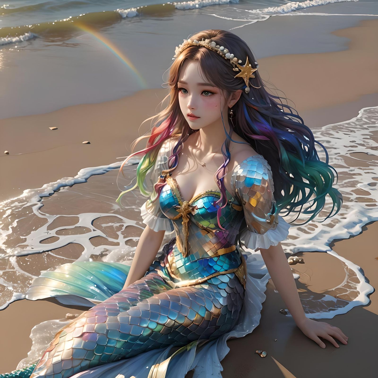 Mermaid on Beach with Rainbow in Anime Style