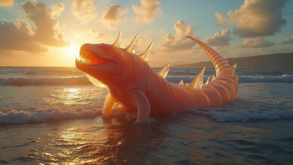 Translucent Creature Emerges from the Sea at Sunrise