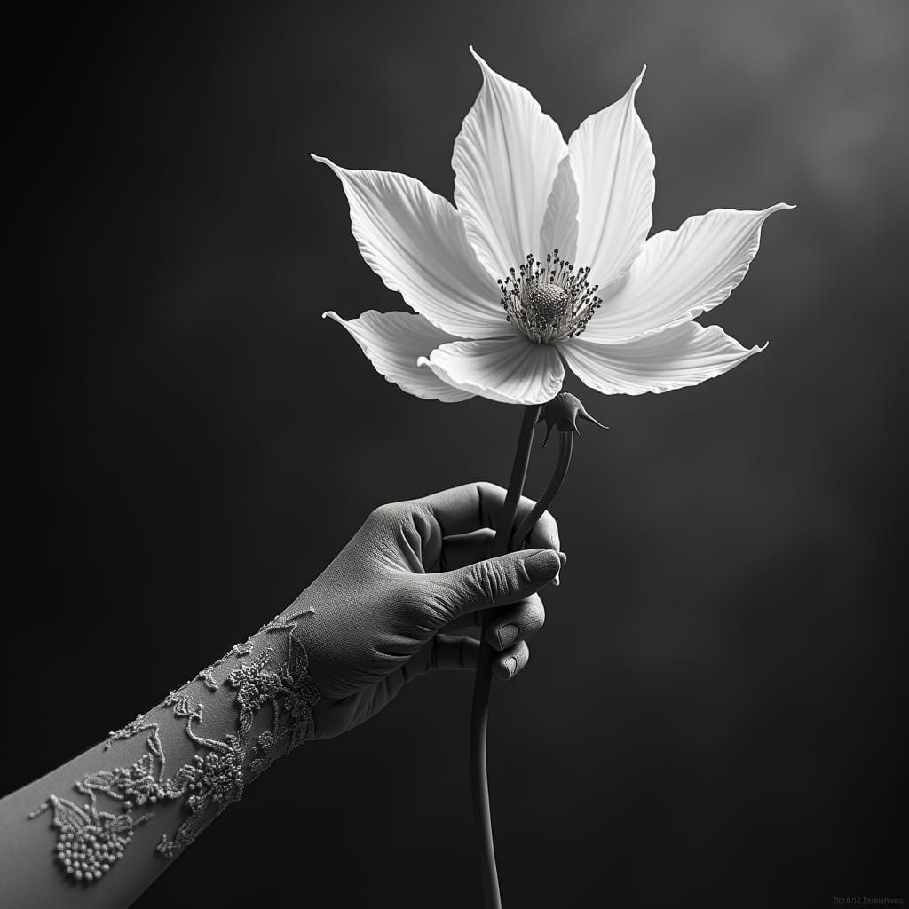 High-Contrast Hand and Moonlit Flower