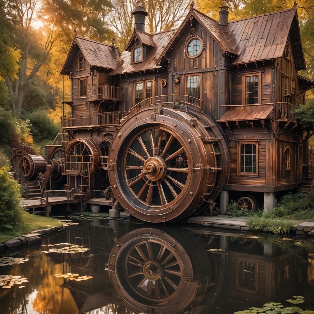 Steampunk House Panorama in Golden Light
