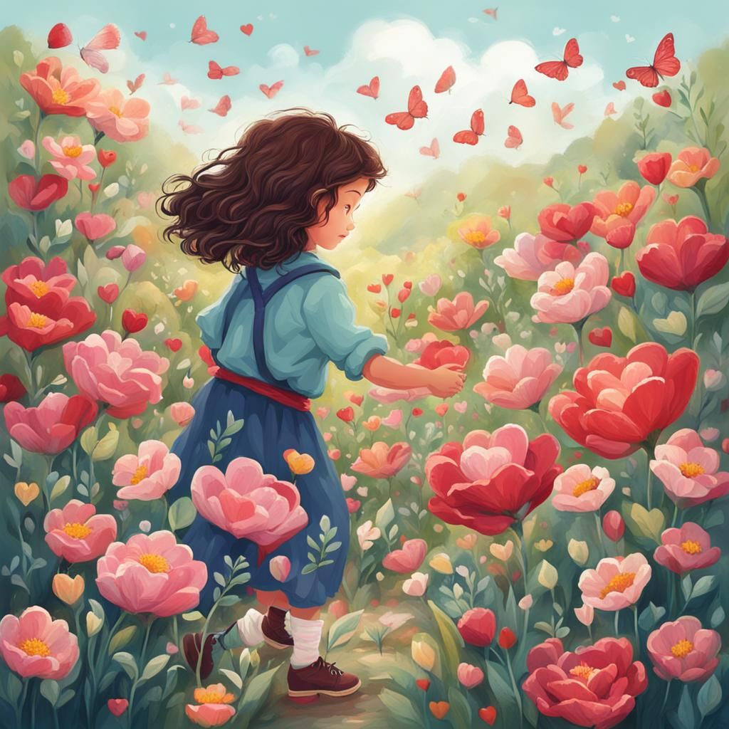 Girl Frolicking in a Field of Heart Flowers