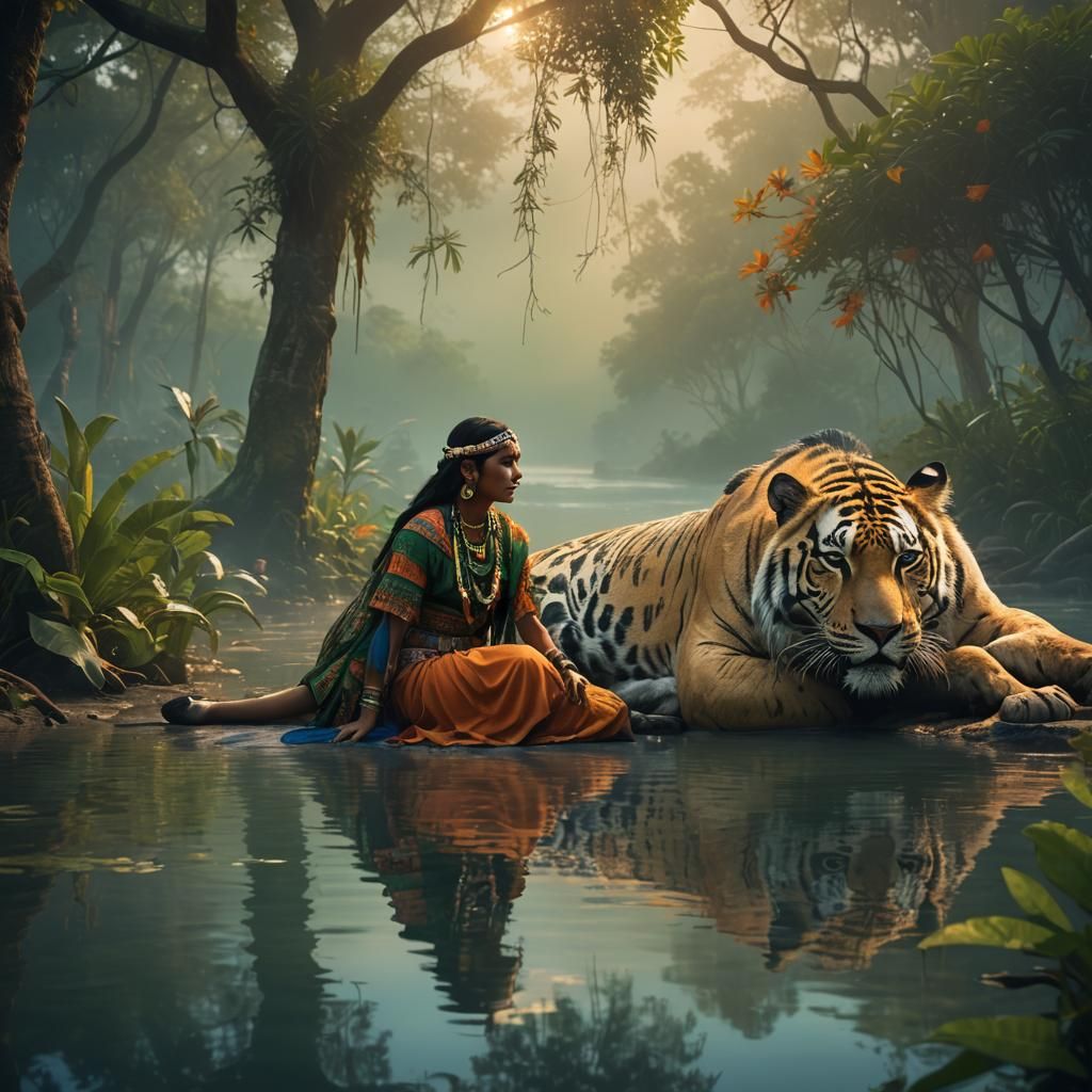 Brazilian Native Sleeps with Panther in Digital Painting