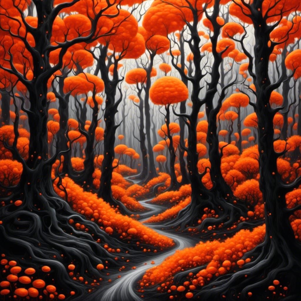 Dark Surrealism: Whimsical Forest in Orange and Black