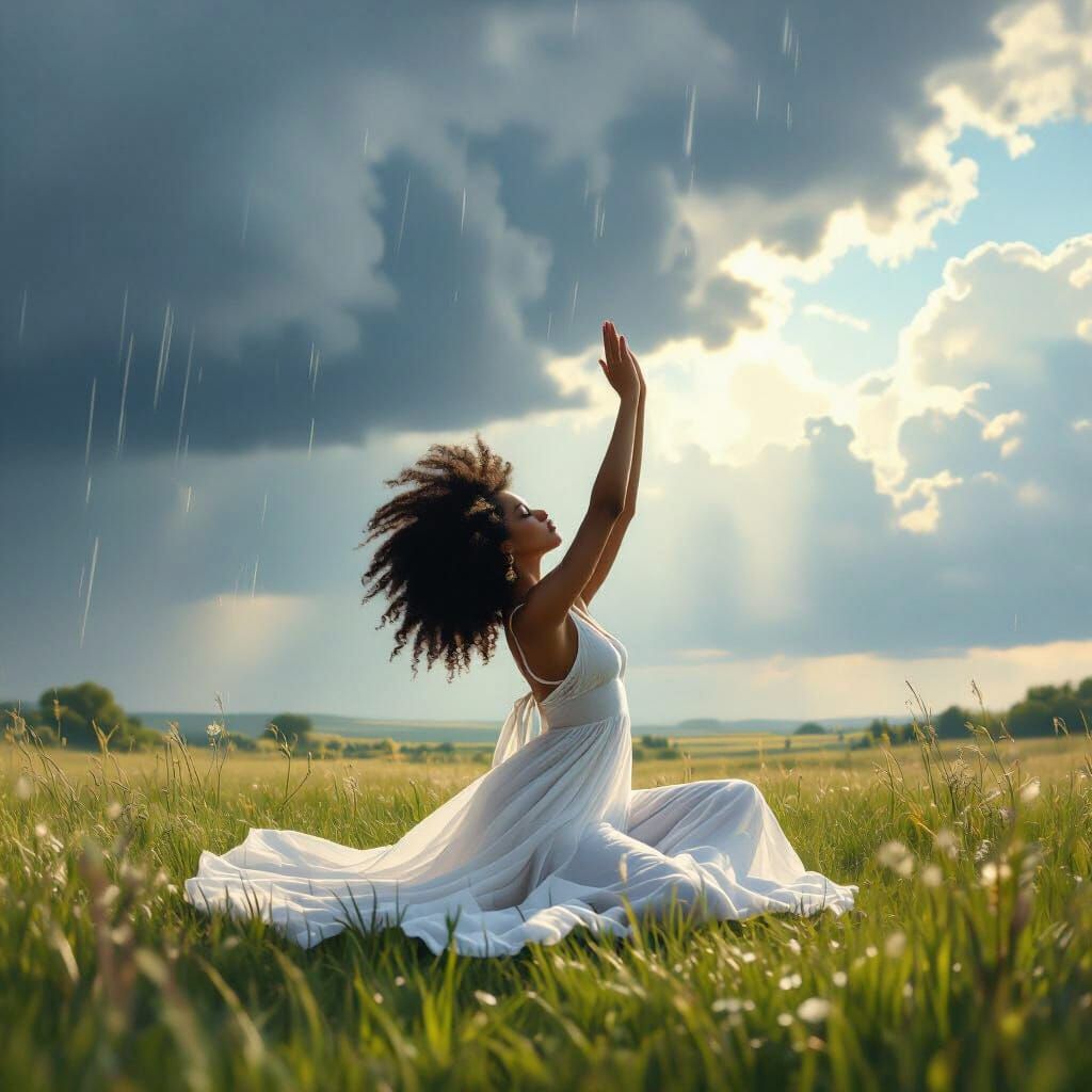 Ethereal Afro Goddess in Yoga Pose Amidst Rain