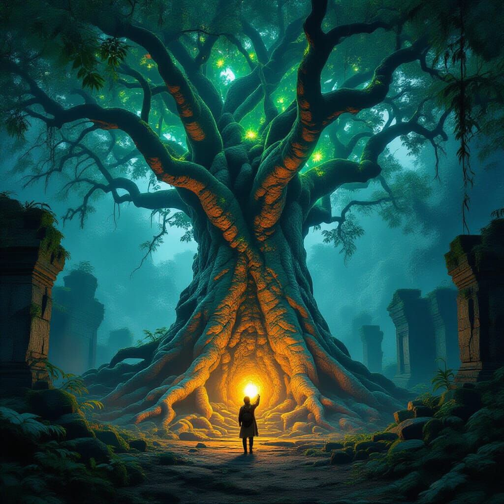 Ancient Bioluminescent Tree in Jungle Clearing